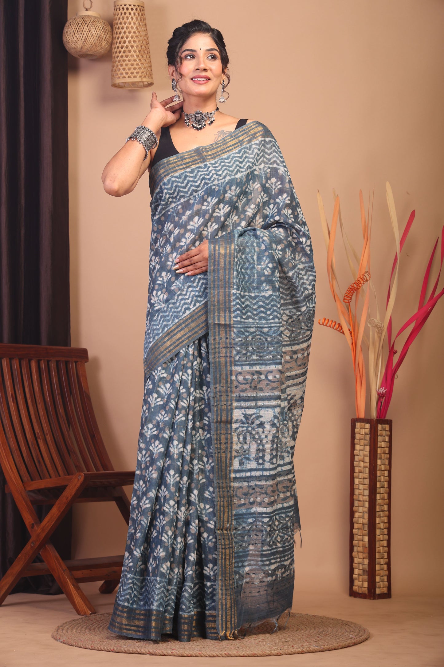 Anuttara Bhagalpuri Stone Blue Cotton Silk Floral/Zig-Zag Saree with Unstitched Blouse_AFS1144-FS