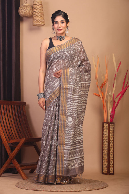 Anuttara Bhagalpuri Brown Cotton Silk Floral Saree with Unstitched Blouse_AFS1145-FS
