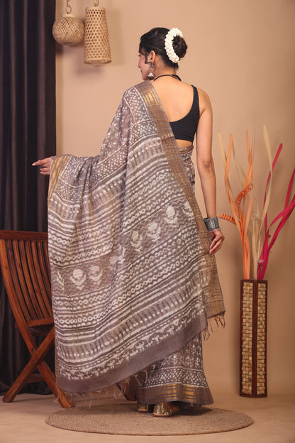 Anuttara Bhagalpuri Brown Cotton Silk Floral Saree with Unstitched Blouse_AFS1145-FS