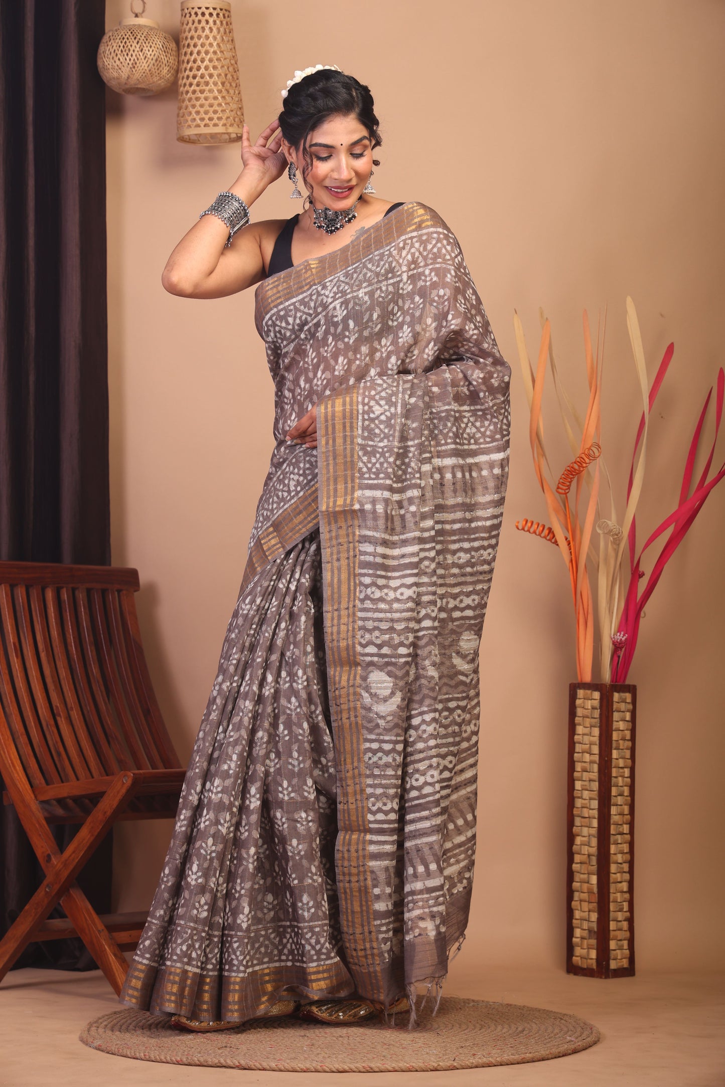 Anuttara Bhagalpuri Brown Cotton Silk Floral Saree with Unstitched Blouse_AFS1145-FS