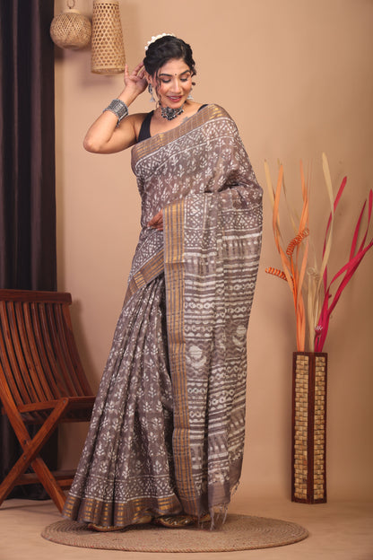 Anuttara Bhagalpuri Brown Cotton Silk Floral Saree with Unstitched Blouse_AFS1145-FS