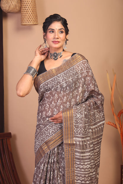 Anuttara Bhagalpuri Brown Cotton Silk Floral Saree with Unstitched Blouse_AFS1145-FS
