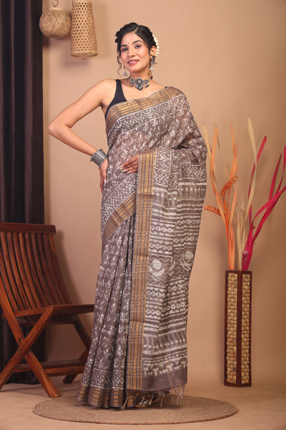 Anuttara Bhagalpuri Brown Cotton Silk Floral Saree with Unstitched Blouse_AFS1145-FS