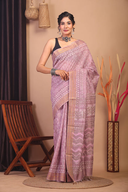 Anuttara Bhagalpuri Cameo pink Cotton Silk Floral/Zig-Zag Saree with Unstitched Blouse_AFS1146-FS