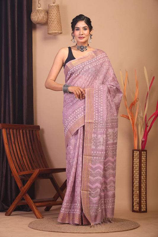 Anuttara Bhagalpuri Cameo pink Cotton Silk Floral/Zig-Zag Saree with Unstitched Blouse_AFS1146-FS