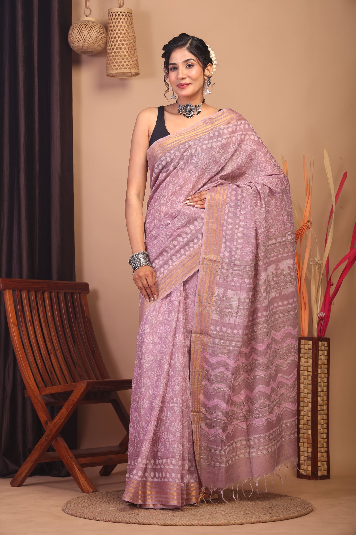 Anuttara Bhagalpuri Cameo pink Cotton Silk Floral/Zig-Zag Saree with Unstitched Blouse_AFS1146-FS