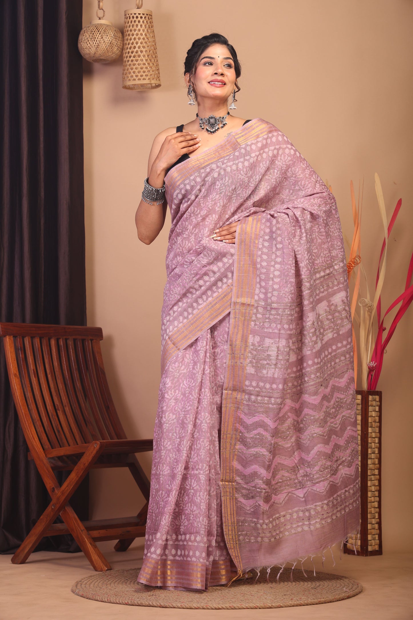 Anuttara Bhagalpuri Cameo pink Cotton Silk Floral/Zig-Zag Saree with Unstitched Blouse_AFS1146-FS