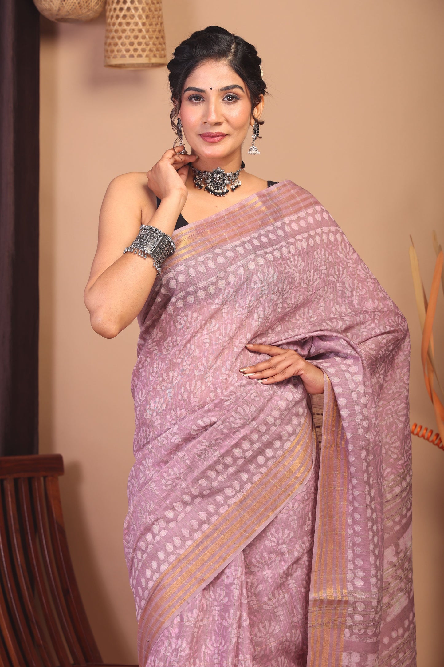 Anuttara Bhagalpuri Cameo pink Cotton Silk Floral/Zig-Zag Saree with Unstitched Blouse_AFS1146-FS