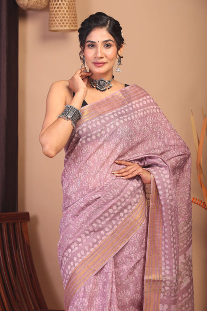Anuttara Bhagalpuri Cameo pink Cotton Silk Floral/Zig-Zag Saree with Unstitched Blouse_AFS1146-FS