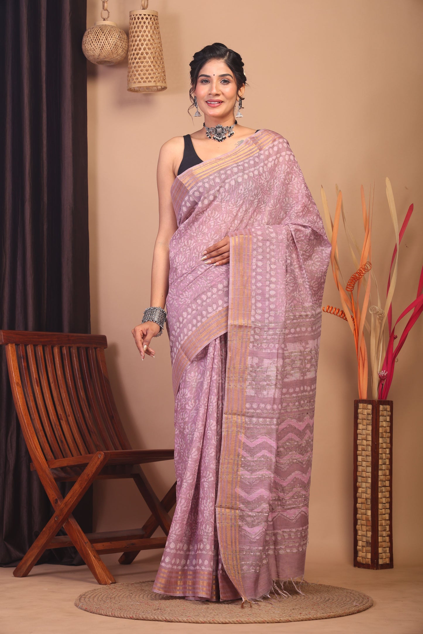 Anuttara Bhagalpuri Cameo pink Cotton Silk Floral/Zig-Zag Saree with Unstitched Blouse_AFS1146-FS
