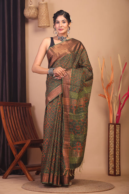 Anuttara Bhagalpuri Green Cotton Silk Floral Saree with Unstitched Blouse_AFS1147-FS