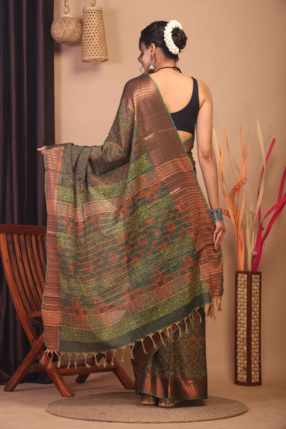 Anuttara Bhagalpuri Green Cotton Silk Floral Saree with Unstitched Blouse_AFS1147-FS