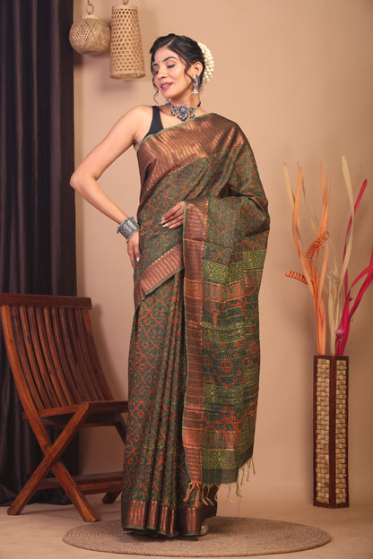Anuttara Bhagalpuri Green Cotton Silk Floral Saree with Unstitched Blouse_AFS1147-FS