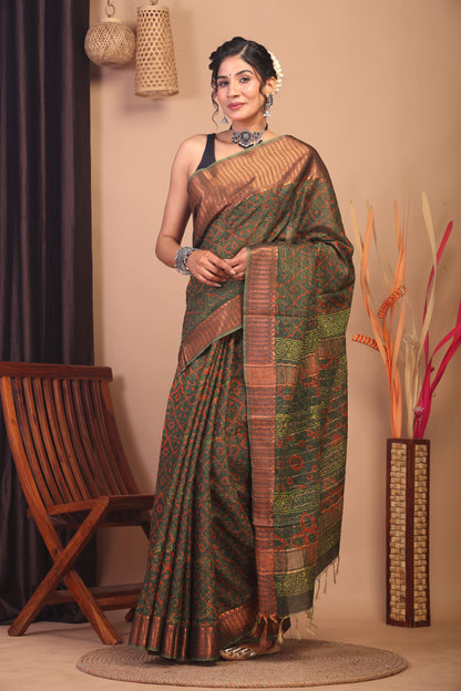 Anuttara Bhagalpuri Green Cotton Silk Floral Saree with Unstitched Blouse_AFS1147-FS