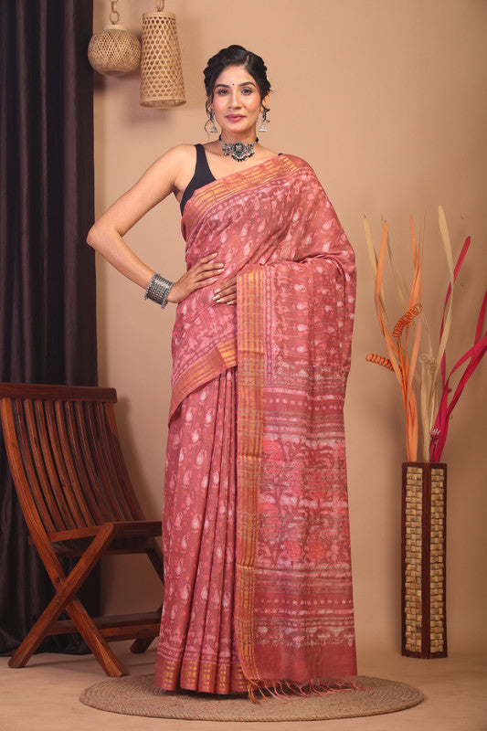Anuttara Bhagalpuri Peach Cotton Silk Paisley/Stripe Saree with Unstitched Blouse_AFS1148-FS