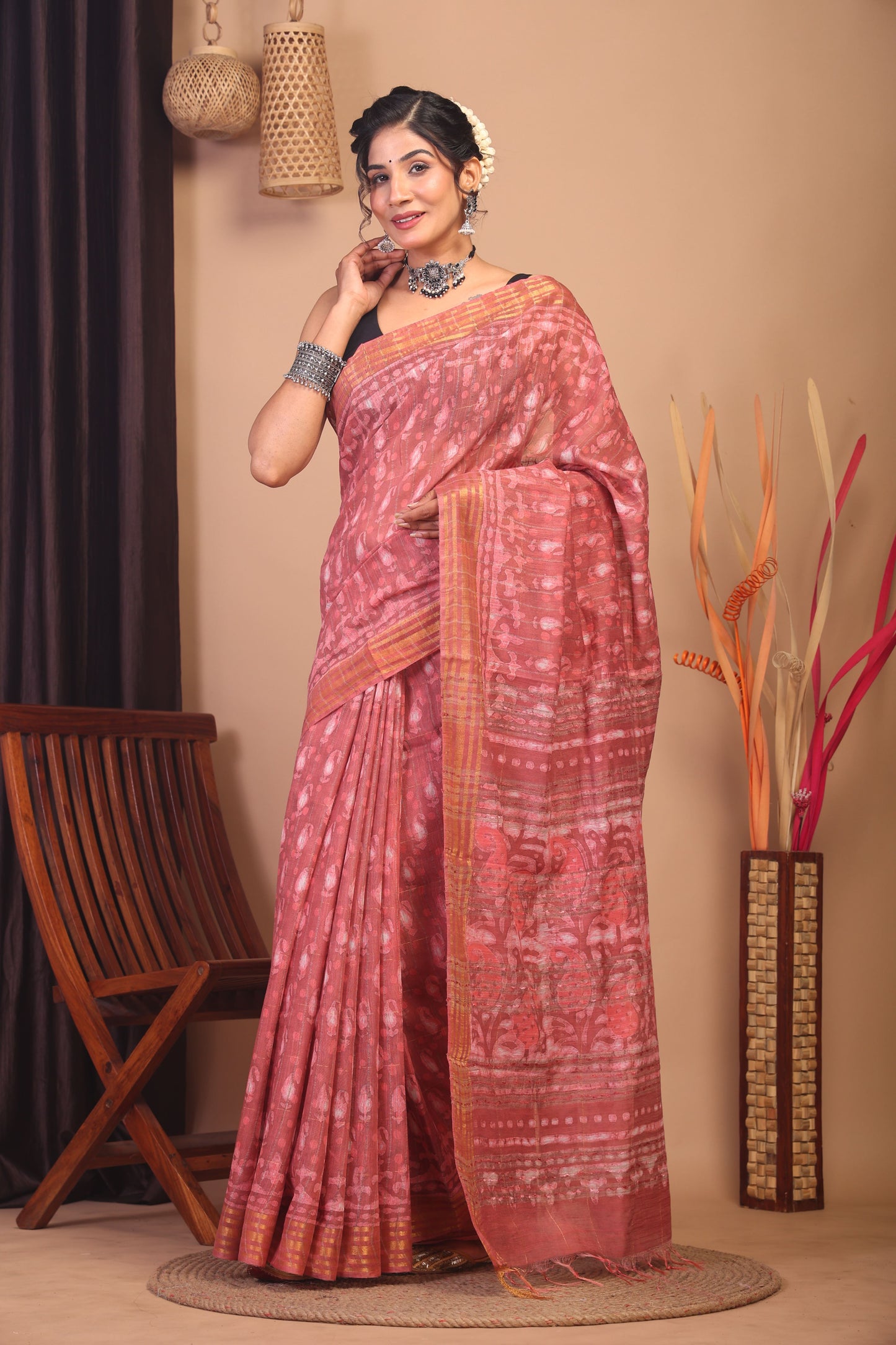 Anuttara Bhagalpuri Peach Cotton Silk Paisley/Stripe Saree with Unstitched Blouse_AFS1148-FS