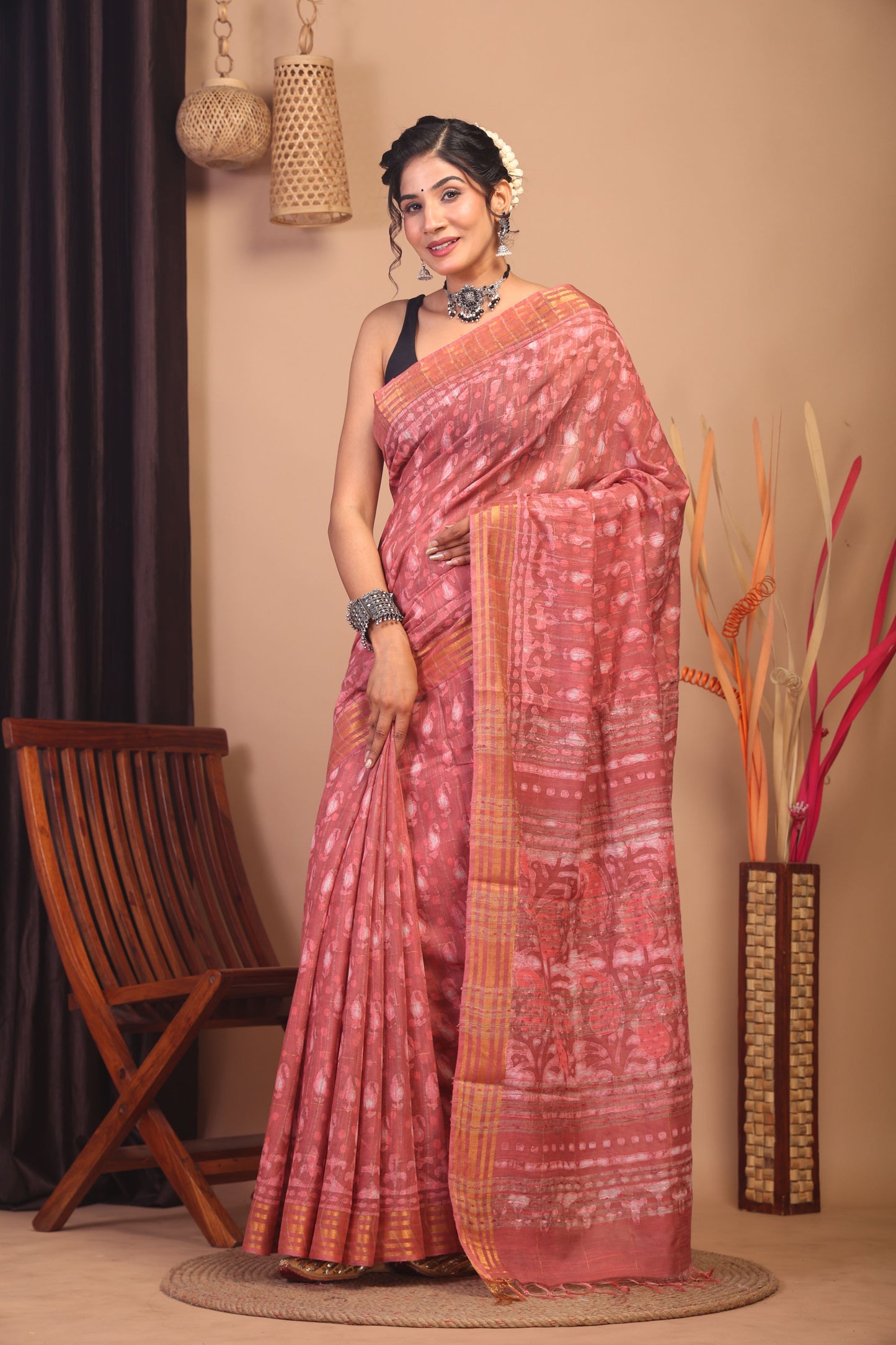 Anuttara Bhagalpuri Peach Cotton Silk Paisley/Stripe Saree with Unstitched Blouse_AFS1148-FS