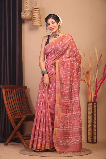 Anuttara Bhagalpuri Peach Cotton Silk Paisley/Stripe Saree with Unstitched Blouse_AFS1148-FS