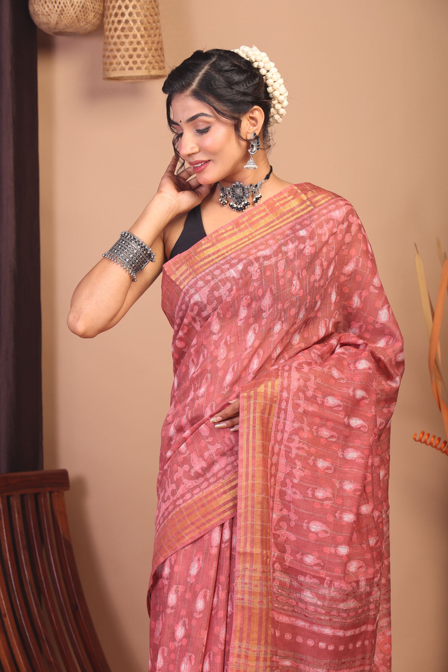 Anuttara Bhagalpuri Peach Cotton Silk Paisley/Stripe Saree with Unstitched Blouse_AFS1148-FS