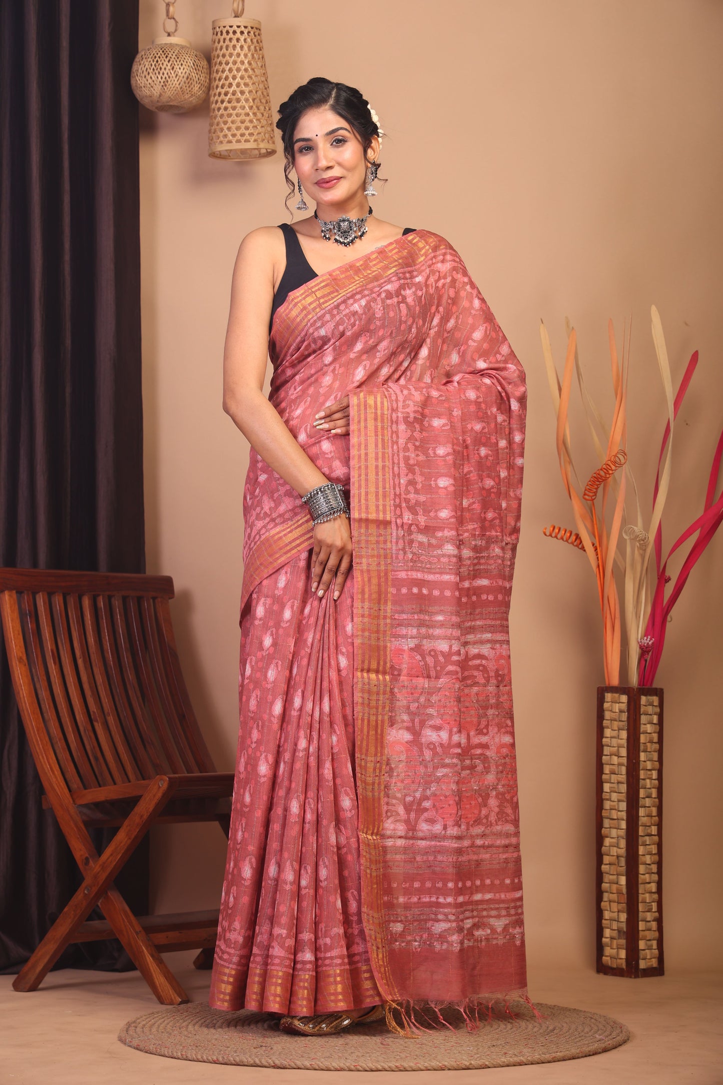 Anuttara Bhagalpuri Peach Cotton Silk Paisley/Stripe Saree with Unstitched Blouse_AFS1148-FS