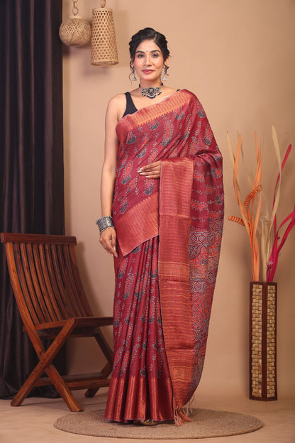 Anuttara Bhagalpuri Maroon Cotton Silk Floral Saree with Unstitched Blouse_AFS1149-FS