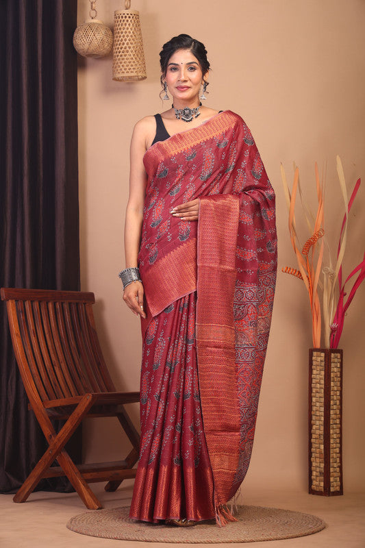 Anuttara Bhagalpuri Maroon Cotton Silk Floral Saree with Unstitched Blouse_AFS1149-FS