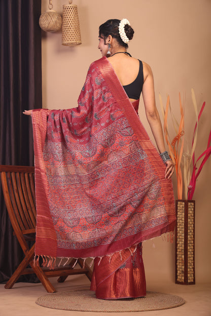 Anuttara Bhagalpuri Maroon Cotton Silk Floral Saree with Unstitched Blouse_AFS1149-FS