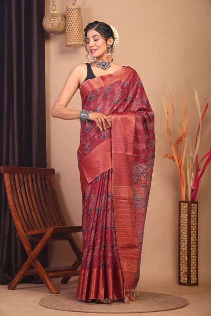 Anuttara Bhagalpuri Maroon Cotton Silk Floral Saree with Unstitched Blouse_AFS1149-FS