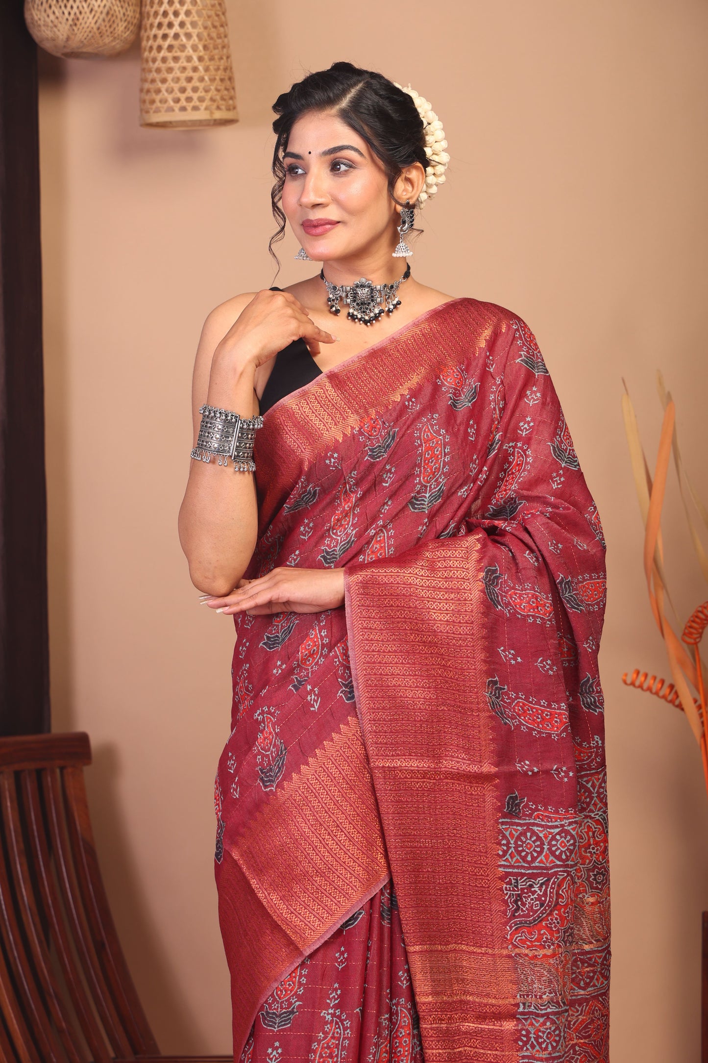 Anuttara Bhagalpuri Maroon Cotton Silk Floral Saree with Unstitched Blouse_AFS1149-FS