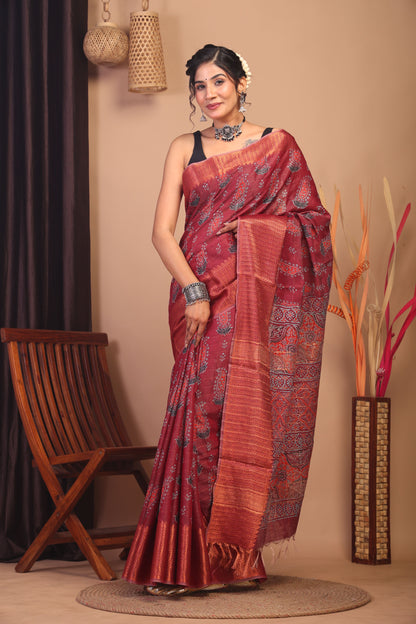 Anuttara Bhagalpuri Maroon Cotton Silk Floral Saree with Unstitched Blouse_AFS1149-FS