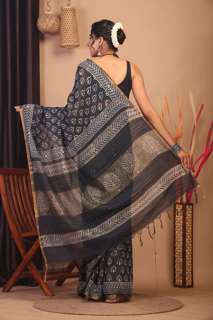 Anuttara Bhagalpuri Black & White Cotton Silk Floral Saree with Unstitched Blouse_AFS1150-FS