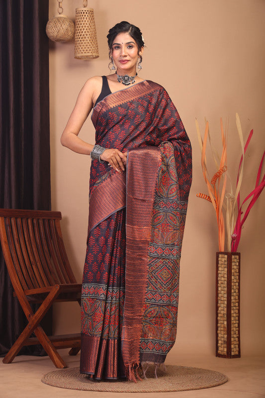 Anuttara Bhagalpuri Dark Purple Cotton Silk Floral Saree with Unstitched Blouse_AFS1151-FS