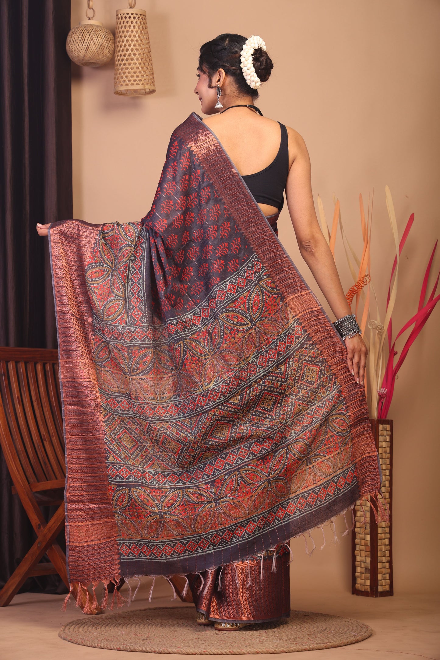 Anuttara Bhagalpuri Dark Purple Cotton Silk Floral Saree with Unstitched Blouse_AFS1151-FS