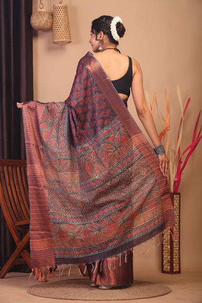 Anuttara Bhagalpuri Dark Purple Cotton Silk Floral Saree with Unstitched Blouse_AFS1151-FS