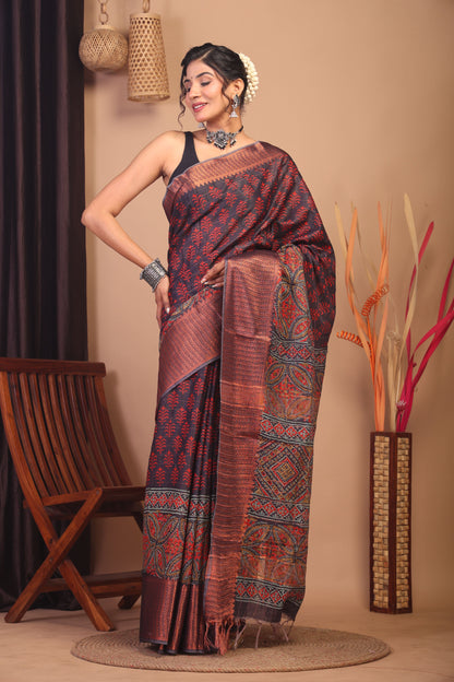 Anuttara Bhagalpuri Dark Purple Cotton Silk Floral Saree with Unstitched Blouse_AFS1151-FS