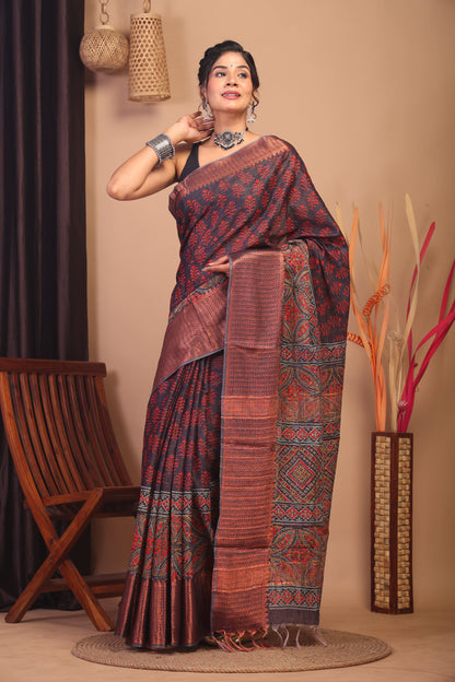 Anuttara Bhagalpuri Dark Purple Cotton Silk Floral Saree with Unstitched Blouse_AFS1151-FS