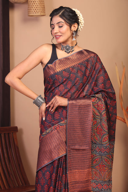 Anuttara Bhagalpuri Dark Purple Cotton Silk Floral Saree with Unstitched Blouse_AFS1151-FS