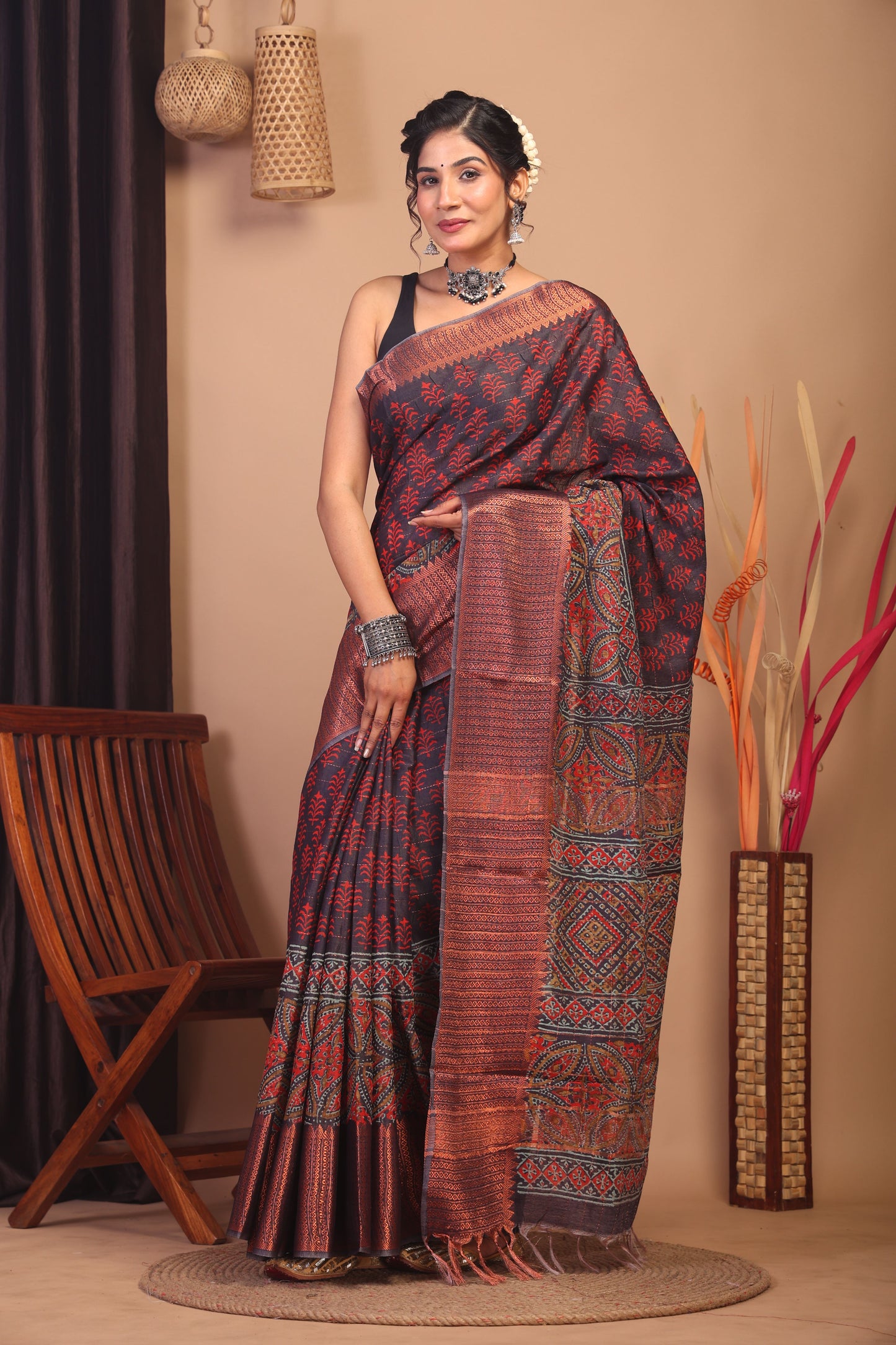 Anuttara Bhagalpuri Dark Purple Cotton Silk Floral Saree with Unstitched Blouse_AFS1151-FS