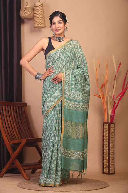 Anuttara Bhagalpuri Green Cotton Silk Floral Saree with Unstitched Blouse_AFS1152-FS