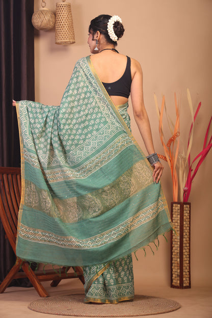 Anuttara Bhagalpuri Green Cotton Silk Floral Saree with Unstitched Blouse_AFS1152-FS