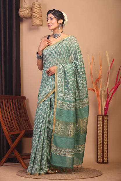 Anuttara Bhagalpuri Green Cotton Silk Floral Saree with Unstitched Blouse_AFS1152-FS