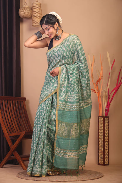 Anuttara Bhagalpuri Green Cotton Silk Floral Saree with Unstitched Blouse_AFS1152-FS