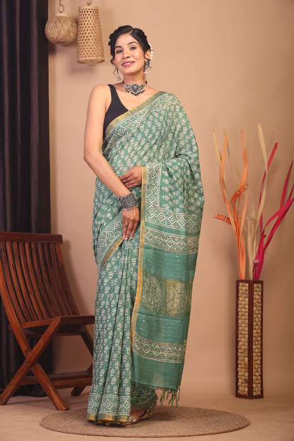 Anuttara Bhagalpuri Green Cotton Silk Floral Saree with Unstitched Blouse_AFS1152-FS