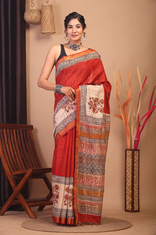 Anuttara Bhagalpuri Red & Beige Cotton Silk Floral Saree with Unstitched Blouse_AFS1153-FS