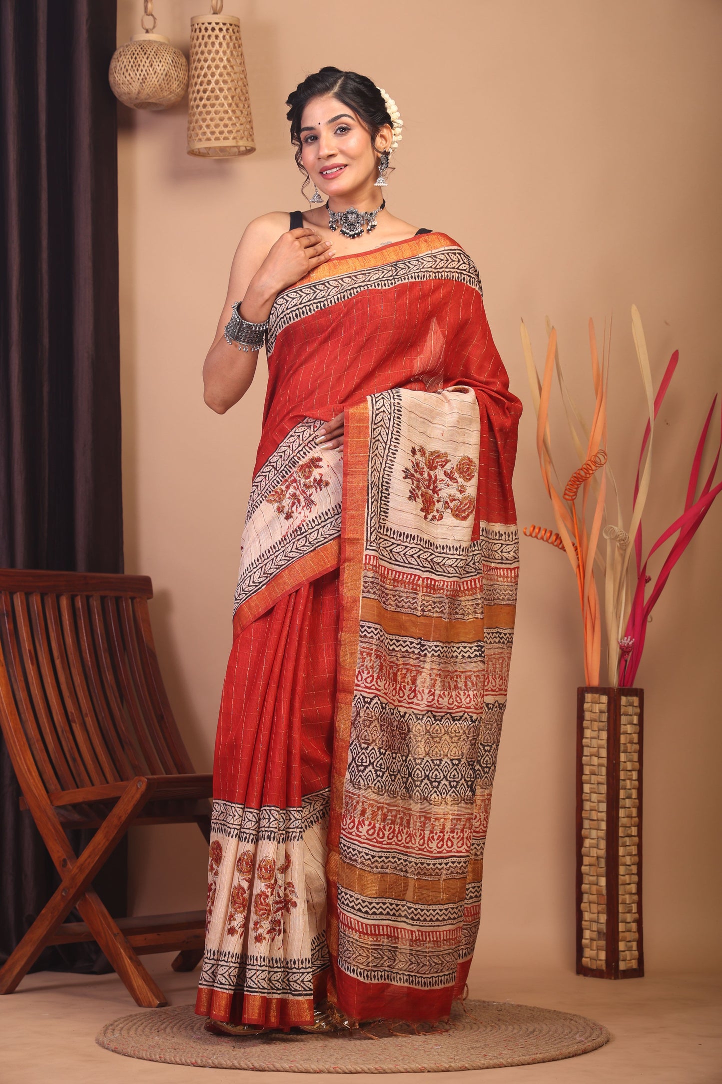 Anuttara Bhagalpuri Red & Beige Cotton Silk Floral Saree with Unstitched Blouse_AFS1153-FS