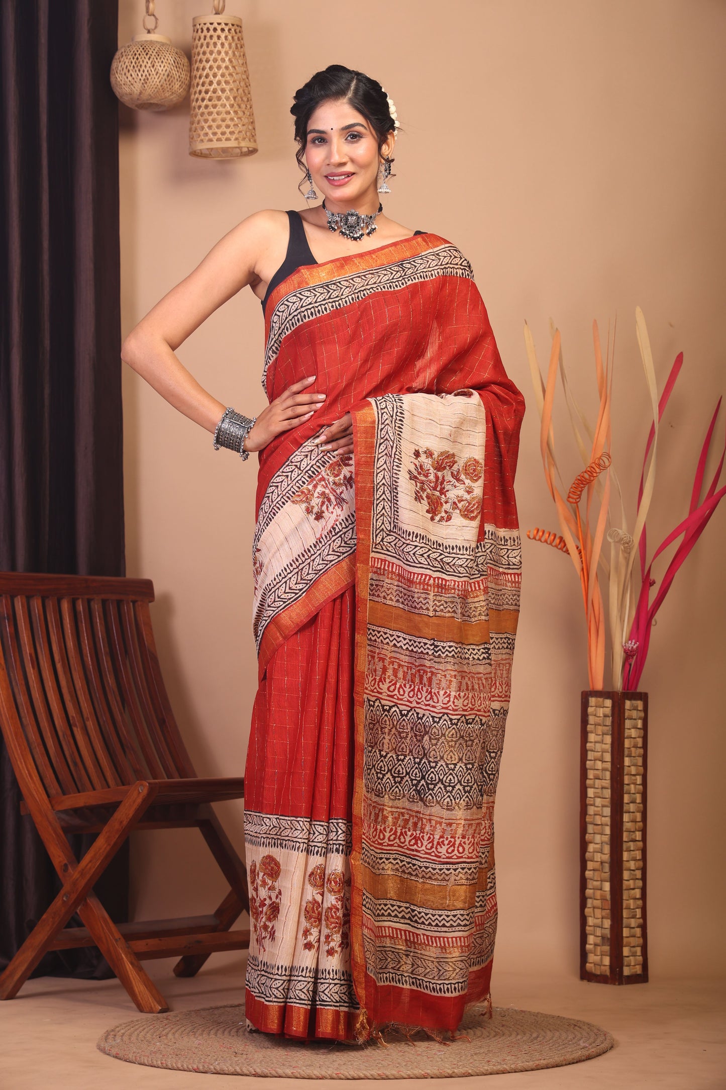Anuttara Bhagalpuri Red & Beige Cotton Silk Floral Saree with Unstitched Blouse_AFS1153-FS