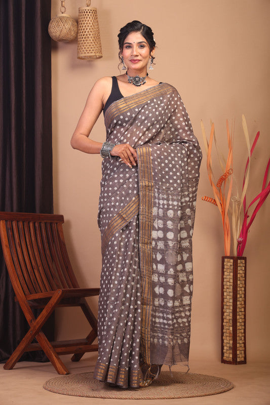 Anuttara Bhagalpuri Brown Cotton Silk Polka Dot Saree with Unstitched Blouse_AFS1154-FS