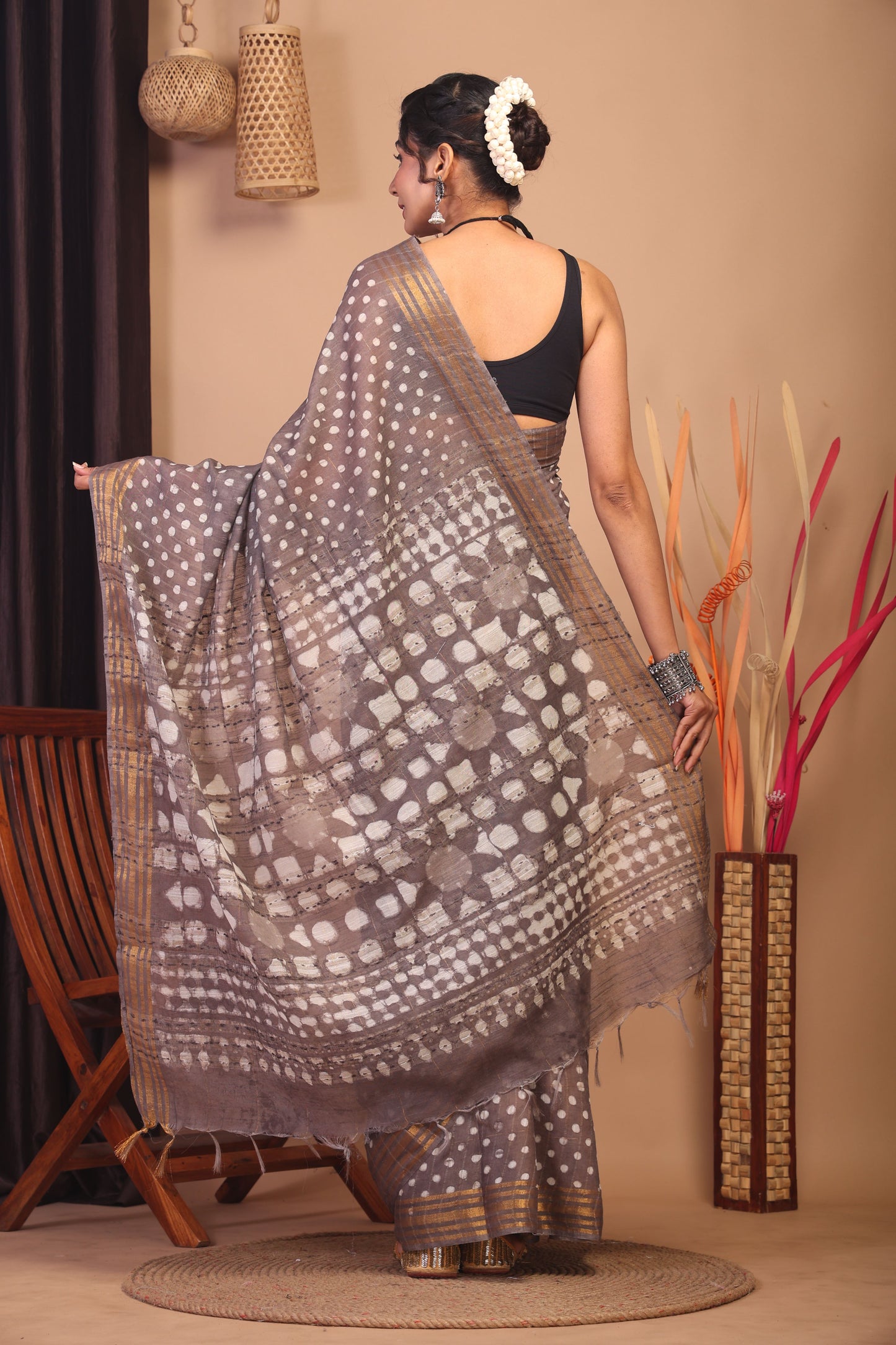 Anuttara Bhagalpuri Brown Cotton Silk Polka Dot Saree with Unstitched Blouse_AFS1154-FS