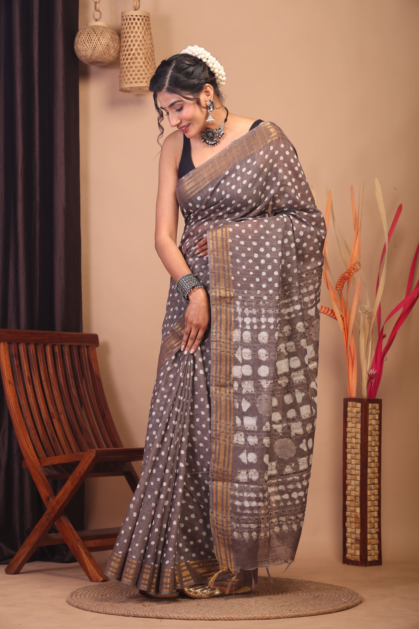 Anuttara Bhagalpuri Brown Cotton Silk Polka Dot Saree with Unstitched Blouse_AFS1154-FS