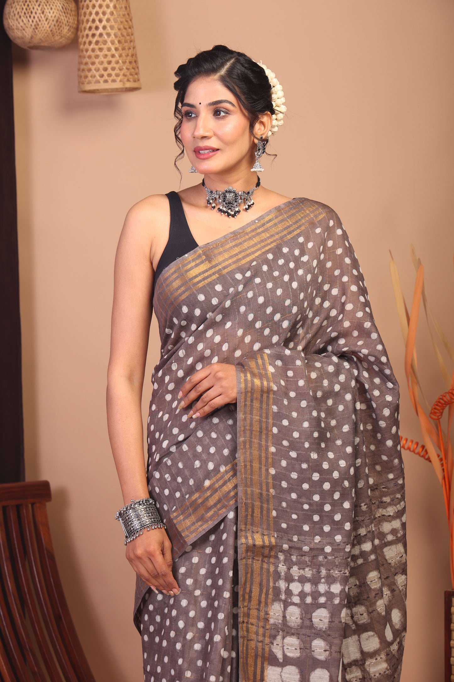 Anuttara Bhagalpuri Brown Cotton Silk Polka Dot Saree with Unstitched Blouse_AFS1154-FS